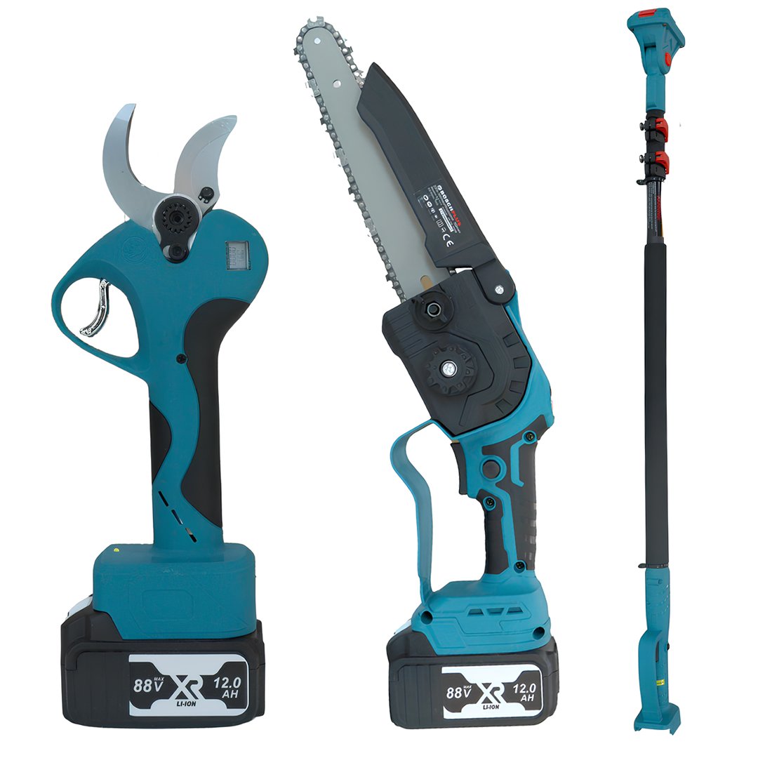 Boschplus EEA477 Profesyonel 3lü Bahçe Seti Akülü Teleskopik Uzatma Kollu Dijital Göstergeli 50mm Dal Budama Makası ve 20cm Dal Budama Testeresi (Kutulu)
