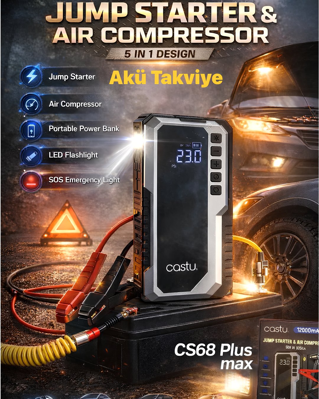 Castu CS68 12000mAh Akü Takviye Cihazı ve Hava Kompresörü 5in1 Jump Starter Powerbank 150 PSI model ve fiyatlar