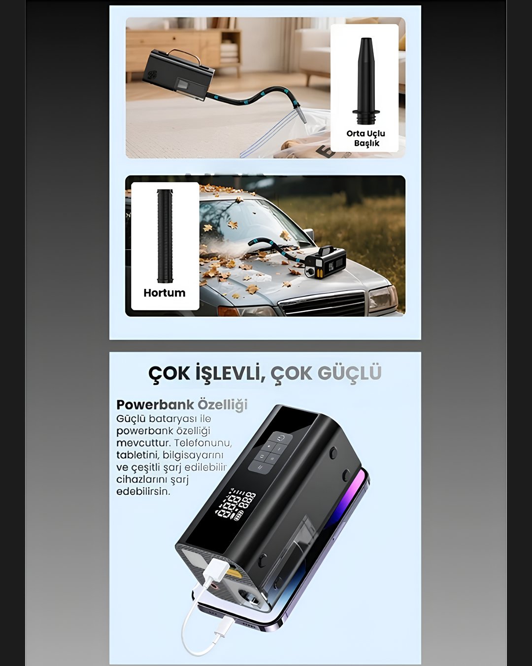 Castu CS69 Jump Starter Süpürgeli Akü Takviye Cihazı 5 in 1 | 18000mAh Kompresörlü Powerbank kullanım alanları