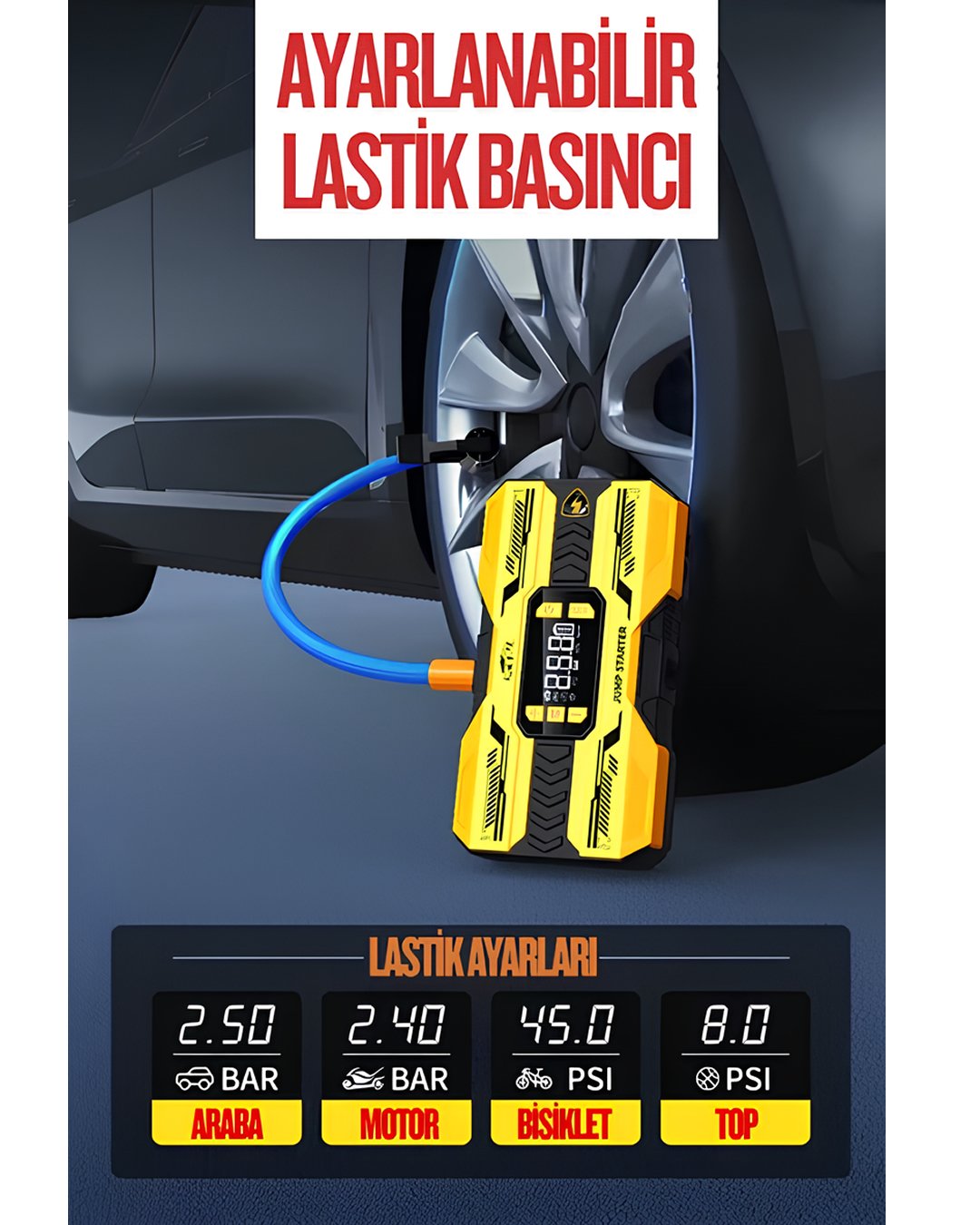 Castu CS73 Plus Max 18000mAh Akü Takviye Cihazı 4ü 1 Arada Jump Starter Kompresör Powerbank 150 PSI Led Işık Lastik şişirme özelliği