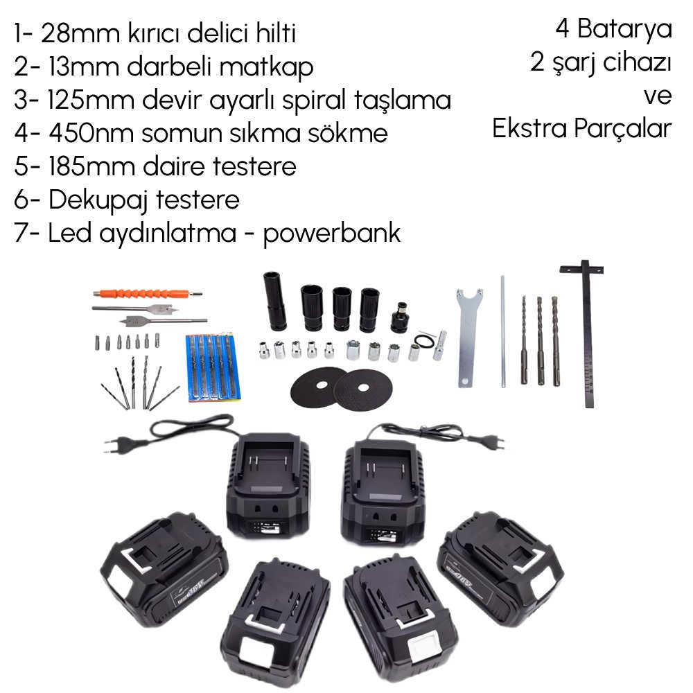 CHELİKBEİ EEA378 Akülü 7li Set Kırıcı Delici + 450Nm Somun Sökme + 13mm Vidalama + Daire Testere + 125mm Avuç Taşlama + Dekupaj Testere + Powerbank ve Led