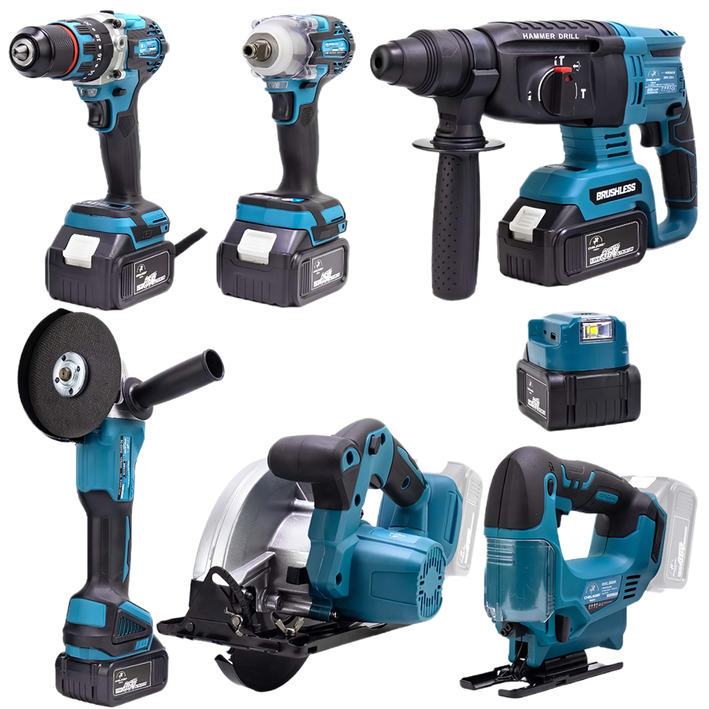 CHELİKBEİ EEA378 Akülü 7li Set Kırıcı Delici + 450Nm Somun Sökme + 13mm Vidalama + Daire Testere + 125mm Avuç Taşlama + Dekupaj Testere + Powerbank ve Led