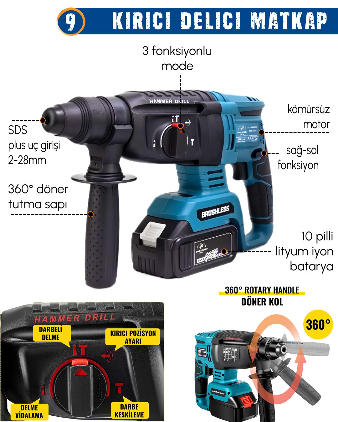 CHELİKBEİ EEA389 Akülü 10 LU Set kırıcı delici matkap