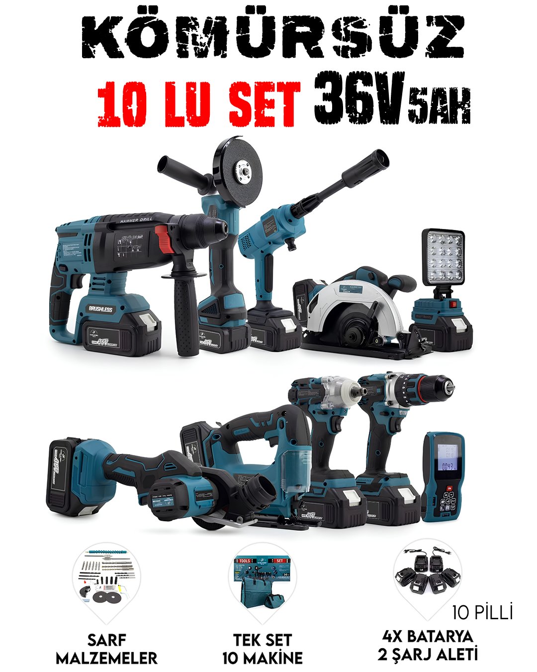 CHELİKBEİ EEA389 Akülü 10 LU Set (Led Işık +Lazer Metre +Somun Sıkma + Dekupaj + Oto Yıkama + Sunta Kesme + Darbeli Vidalama + Spral + Kırıcı Delici Matkap + Çok Fonksiyonlu Taşlama)