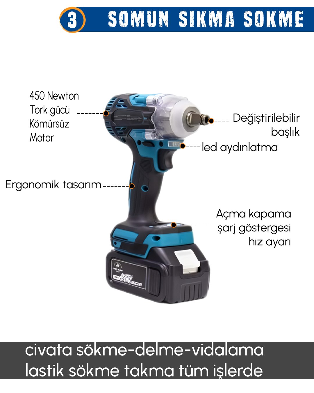 CHELİKBEİ EEA389 Akülü 10 LU Set  somun sıkma bijon özellikleri