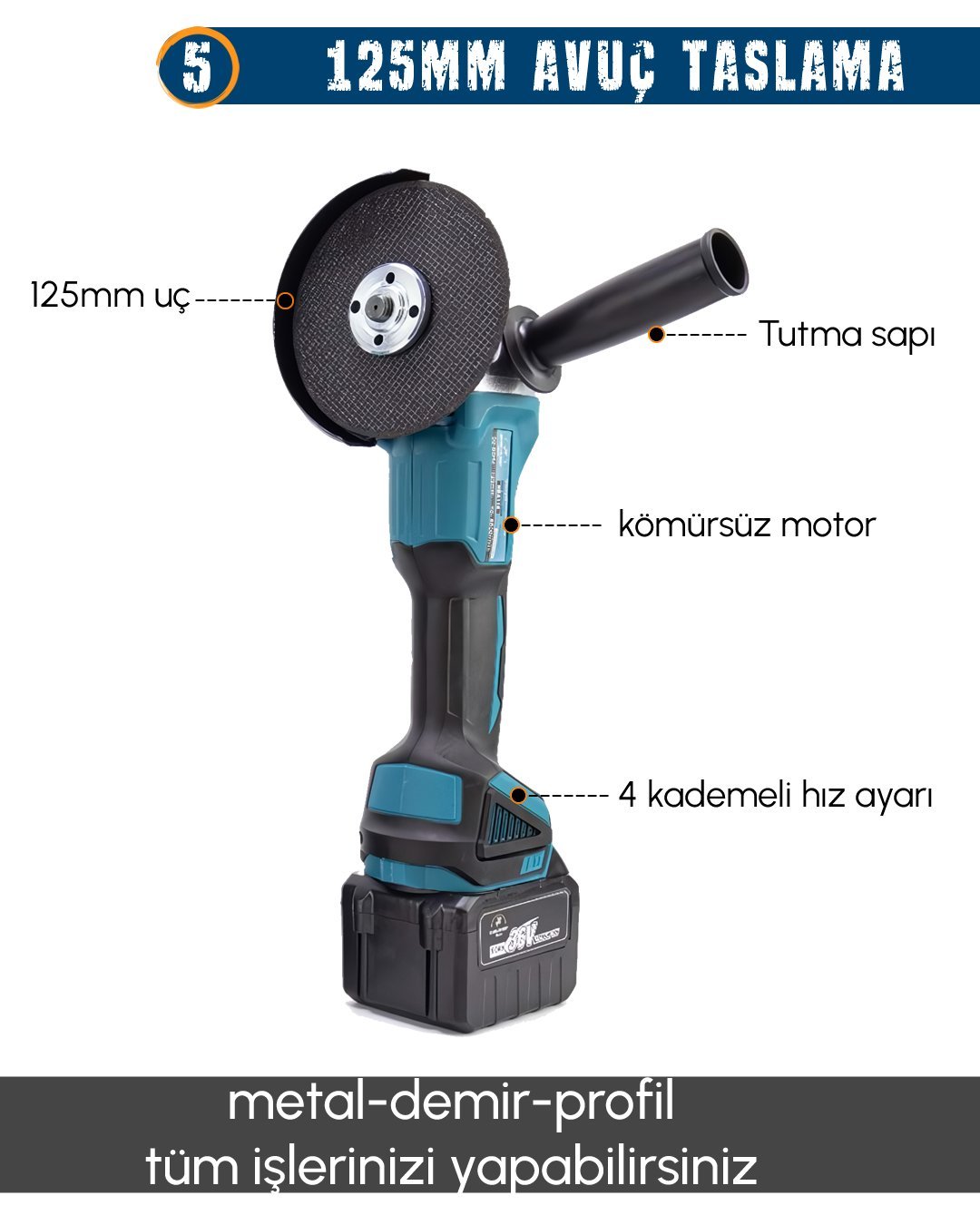 CHELİKBEİ EEA402 Akülü Kömürsüz 4 lü Set Makina 125 mm devir ayarlı avuç taşlama özellikleri