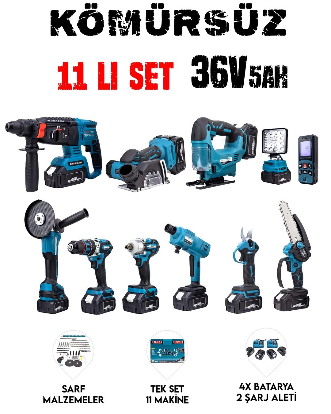 CHELİKBEİ EEA458 Akülü 11li Set (Led Işık, Lazer Metre, Somun Sıkma, Dekupaj,Oto Yıkama, Dal Makası, Dal Budama Testere, Darbeli Vidalama, Spral, Kırıcı Delici Matkap, Çok Fonksiyonlu Taşlama) modelleri