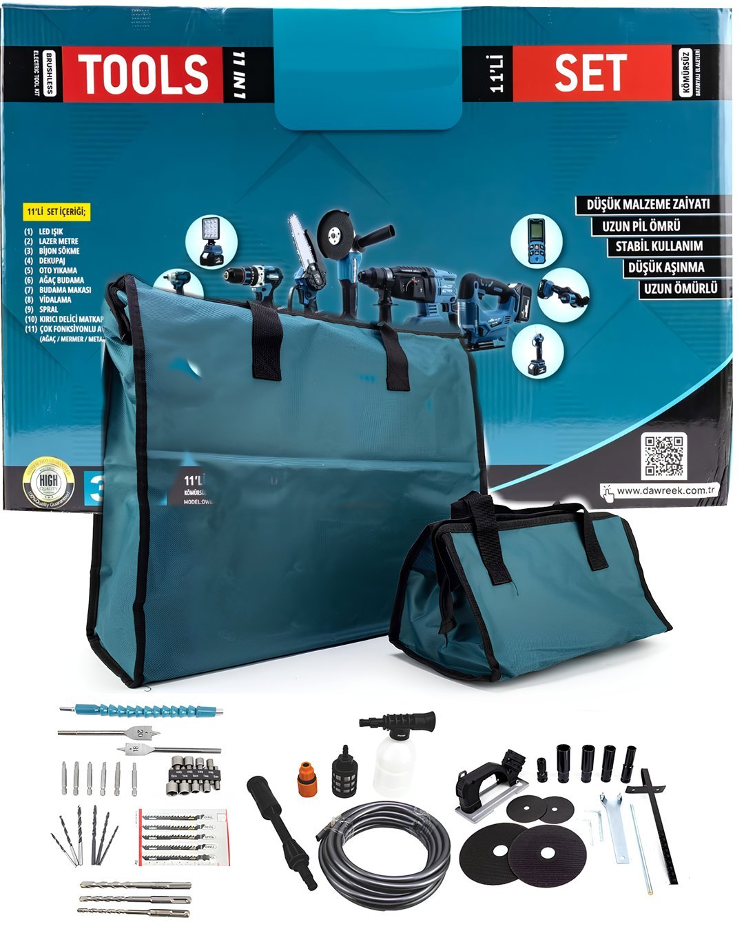 CHELİKBEİ EEA458 Akülü 11li Set (Led Işık, Lazer Metre, Somun Sıkma, Dekupaj,Oto Yıkama, Dal Makası, Dal Budama Testere, Darbeli Vidalama, Spral, Kırıcı Delici Matkap, Çok Fonksiyonlu Taşlama) parçalar