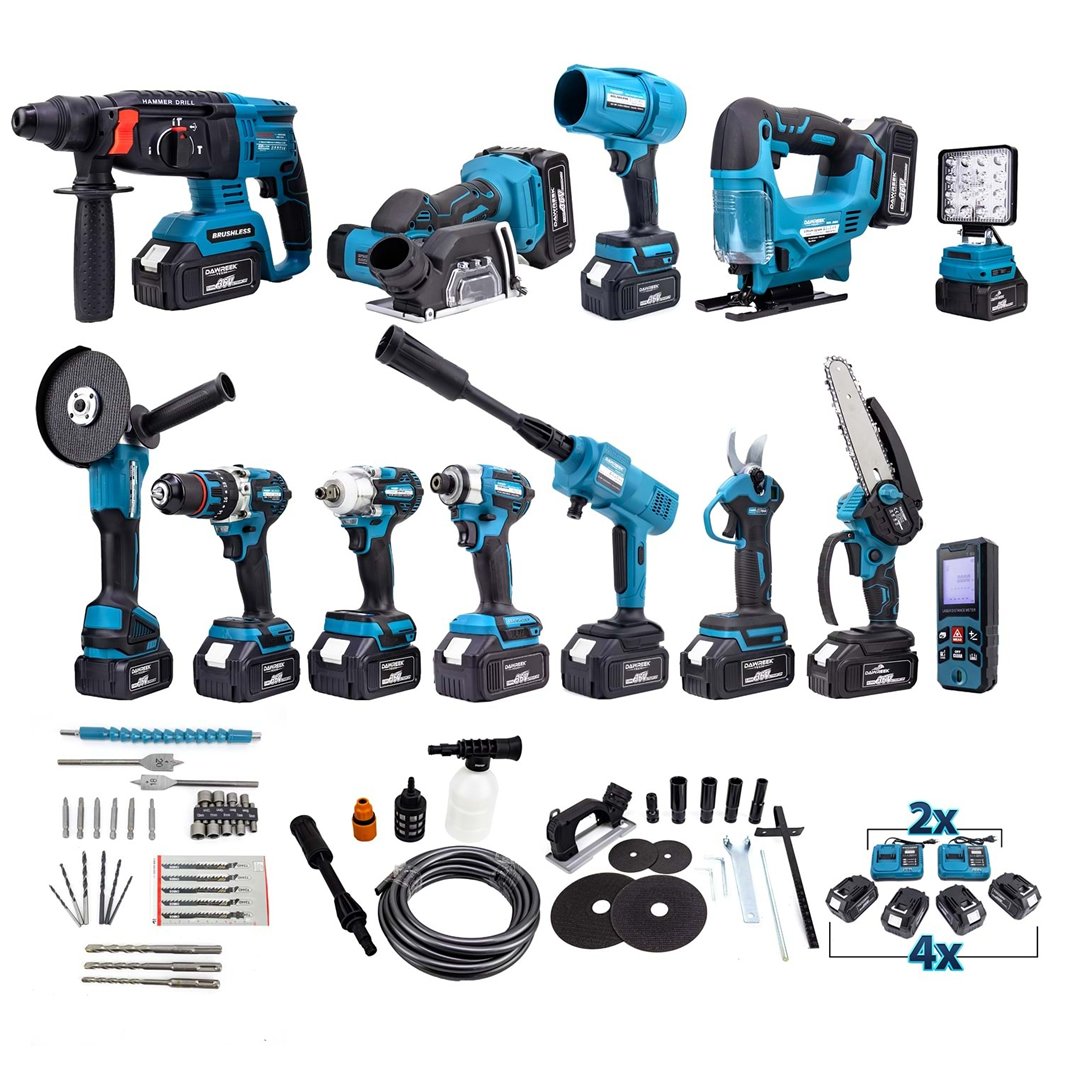 Dawreek DWECD24 Akülü 13lü Set 36V 4Ah (Led Işık+Şarjlı Hilti+Şarjlı Spral+Somun Sıkma+13mmÇelik Mandrenli Matkap+Şarjlı Testere Bağ Makası+Şarjlı Dekupaj+Lazer Metre+Oto Yıkama+Çok Fonksiyonlu Avuç Taşlama+Turbo Fan+Torklu Vidalama)