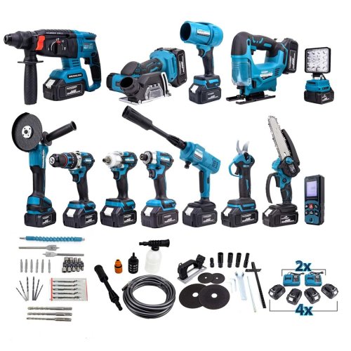 Dawreek DWECD24 Akülü 13lü Set 36V 4Ah (Led Işık+Şarjlı Hilti+Şarjlı Spral+Somun Sıkma+13mmÇelik Mandrenli Matkap+Şarjlı Testere Bağ Makası+Şarjlı Dekupaj+Lazer Metre+Oto Yıkama+Çok Fonksiyonlu Avuç Taşlama+Turbo Fan+Torklu Vidalama)