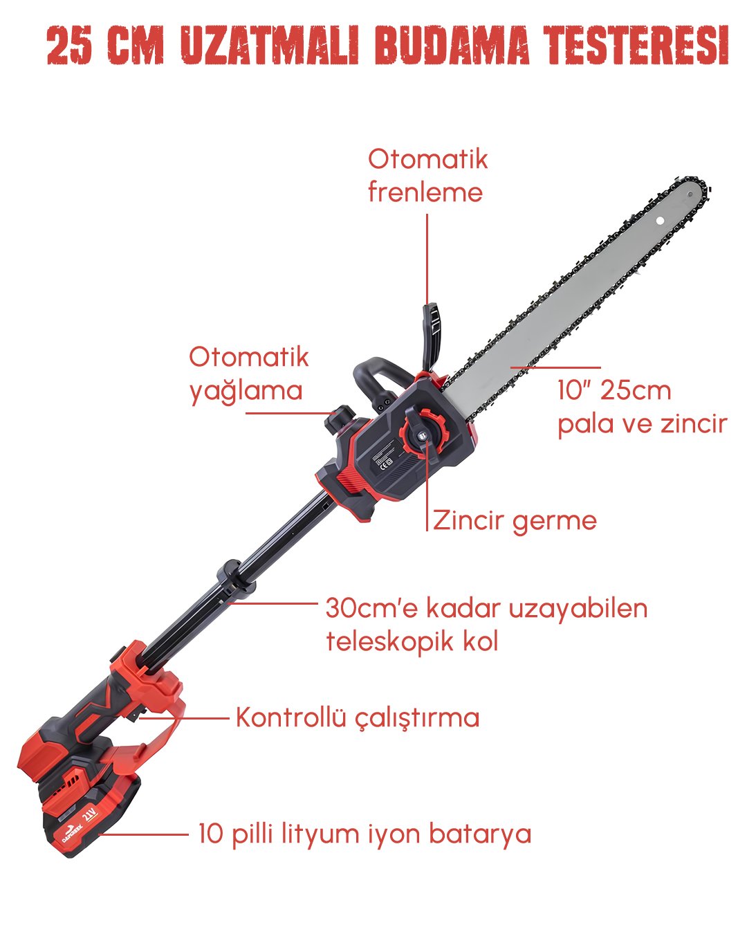 DW BT0228 Profesyonel Akülü Kömürsüz 2li Bağ Seti - 25cm Uzatmalı Dal Kesme Testeresi özellikleri