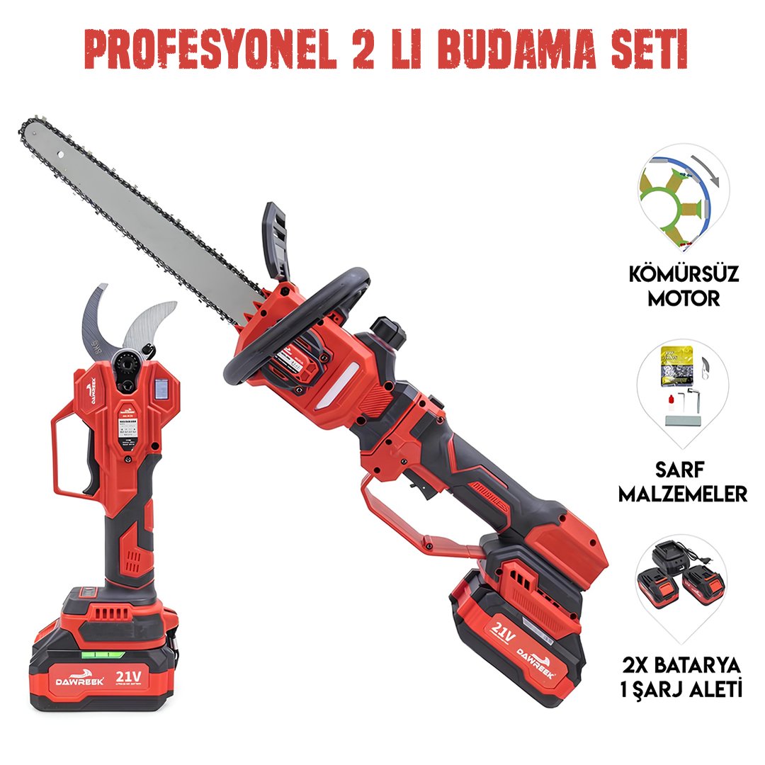 DW BT0228 Profesyonel Akülü Kömürsüz 2li Bağ Seti - 50mm Bağ Makası + 25cm Uzatmalı Dal Kesme Testeresi model ve fiyatlar