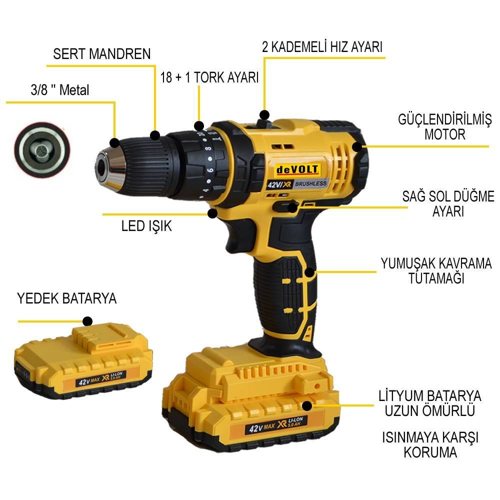 Devolt çift akülü vidalama matkap seti teknik özellikleri