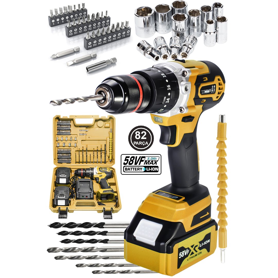 DewaltPlus EEA225 Çift Akülü 82 Parça 58vf 5ah 10 pilli Darbeli Vidalama Matkap Seti