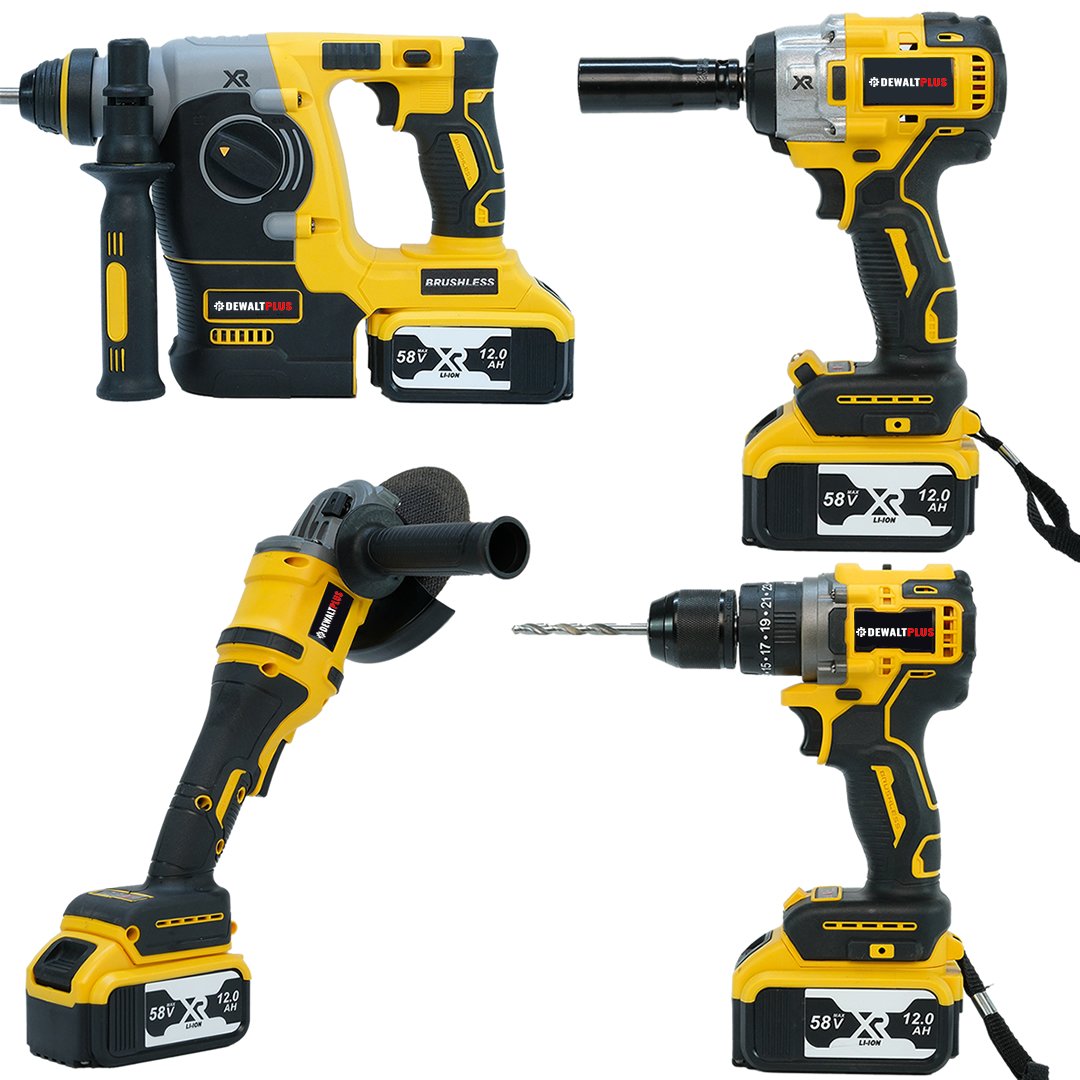 DewaltPlus EEA341 Profesyonel Kömürsüz Akülü 4 lü Set Vidalama, Kırıcı Delici Hilti, 450nm Somun Sıkma ve Avuç Taşlama