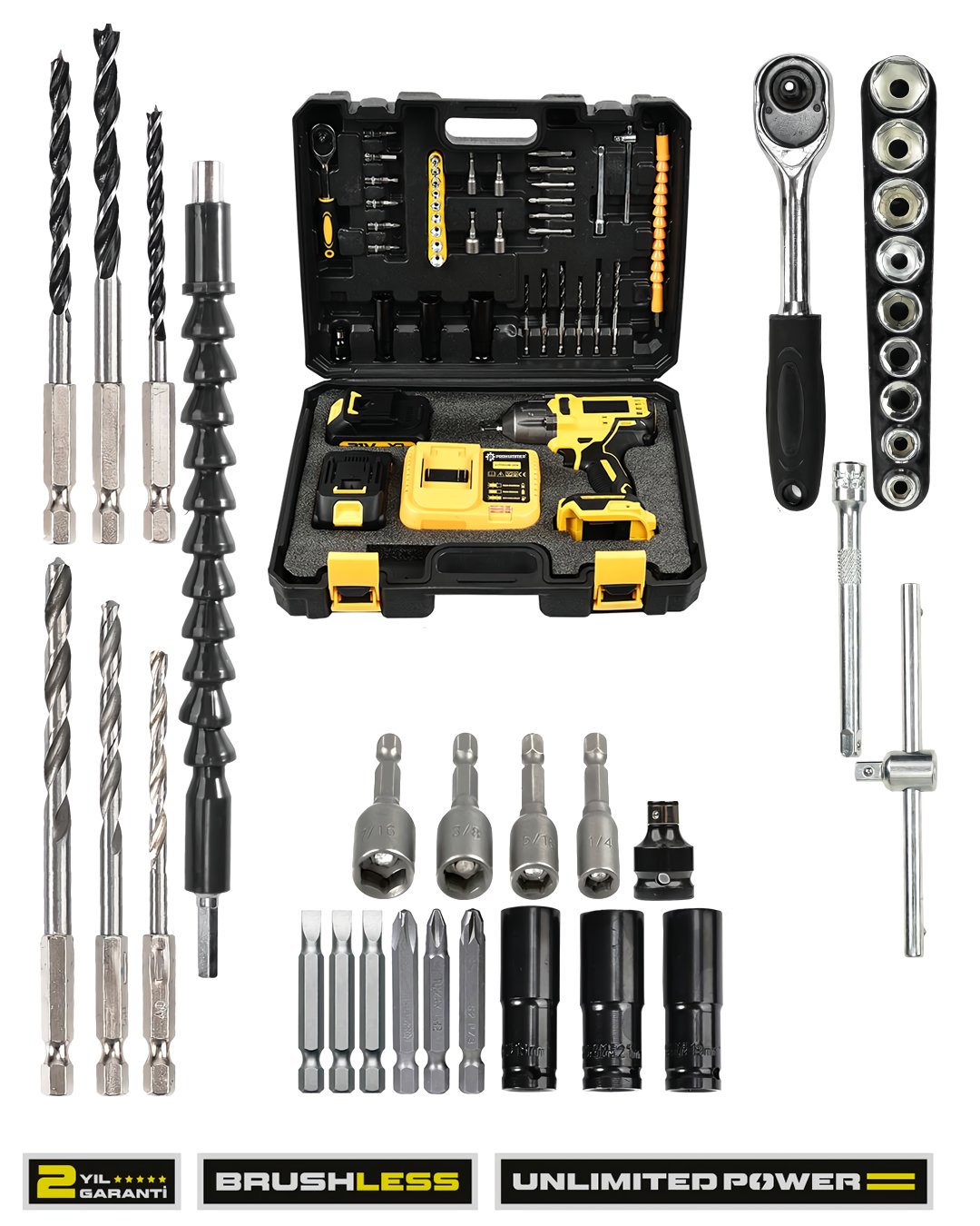 Dewalt EEA345 Kömürsüz Motor 800 Nm Torklu Şarjlı Somun Sıkma Bijon Sökme Seti Sarı Parçaları