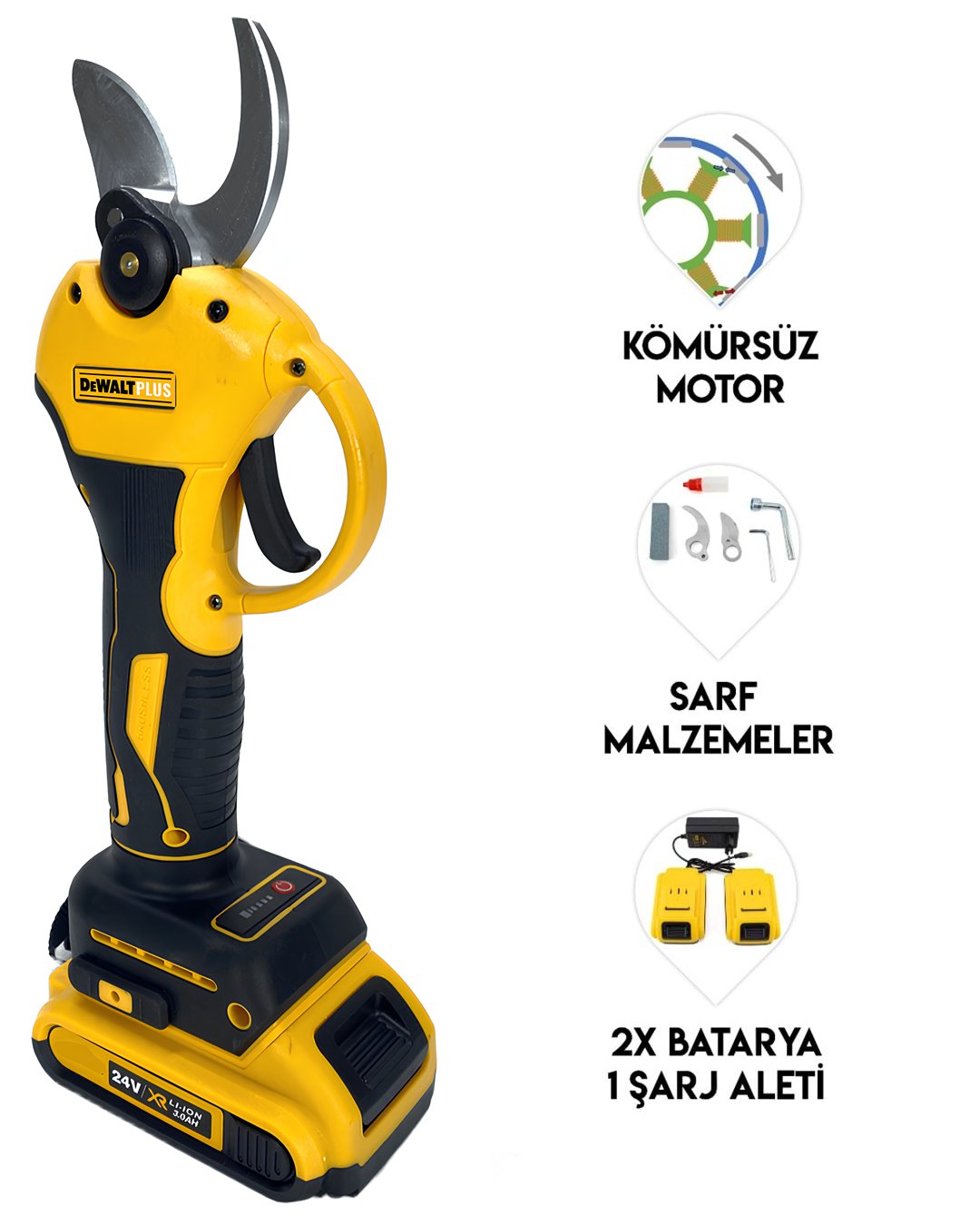Dewalt Plus EEA387 Akülü Kömürsüz Dal Budama Makası 40mm 24v 5p (Sarı) kömürsüz motor