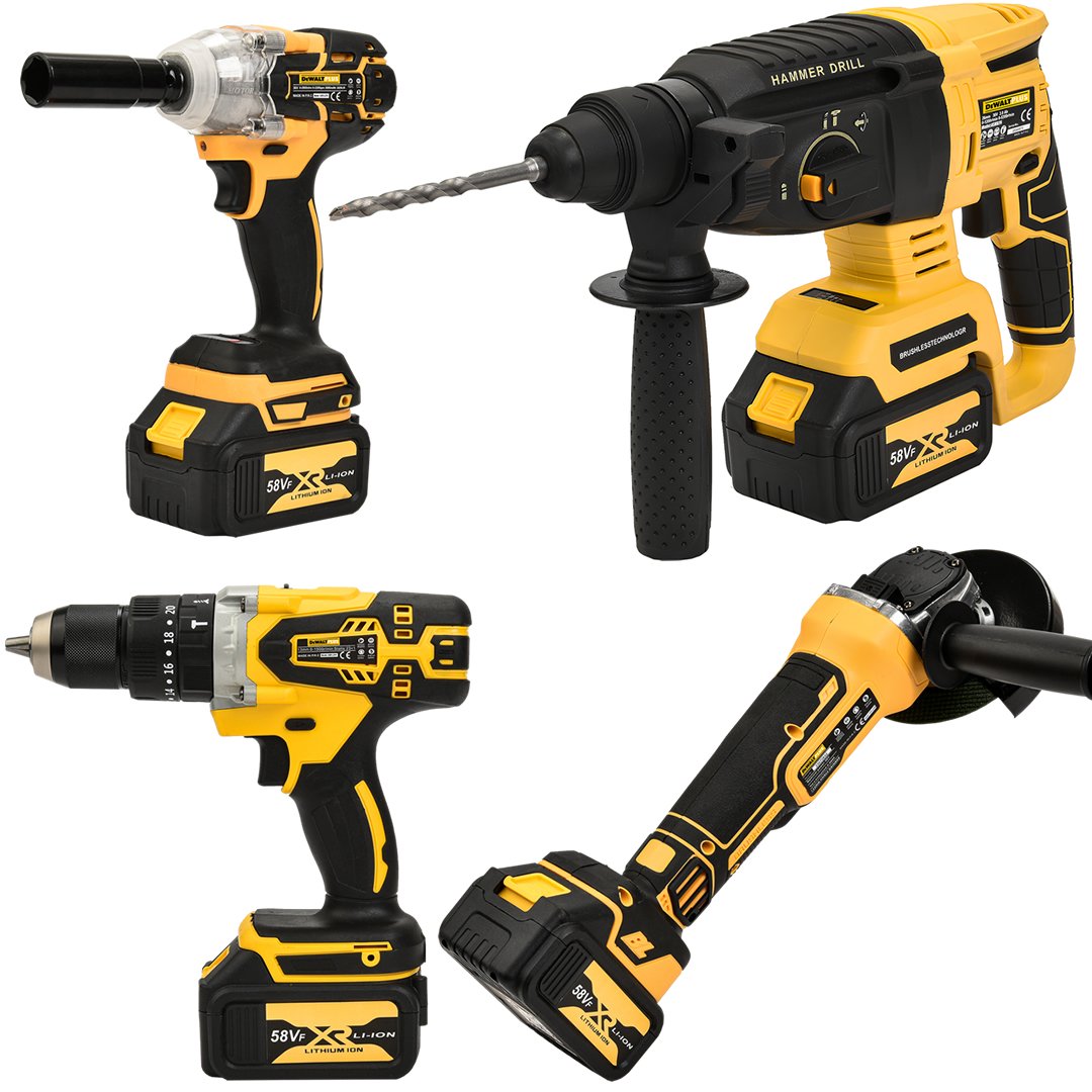DewaltPlus EEA392 Akülü Ultra Kömürsüz 4lü Set Makina 58vf 5ah 125mm Avuç Taşlama, Sds Plus Kırıcı Delici Hilti, Somun Sıkma Sökme, Vidalama Matkap