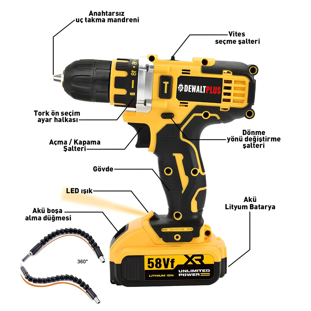 DewaltPlus EEA438 Akülü 24 Parça 58Vf Vidalama Matkap Seti Çift Batarya özellikleri
