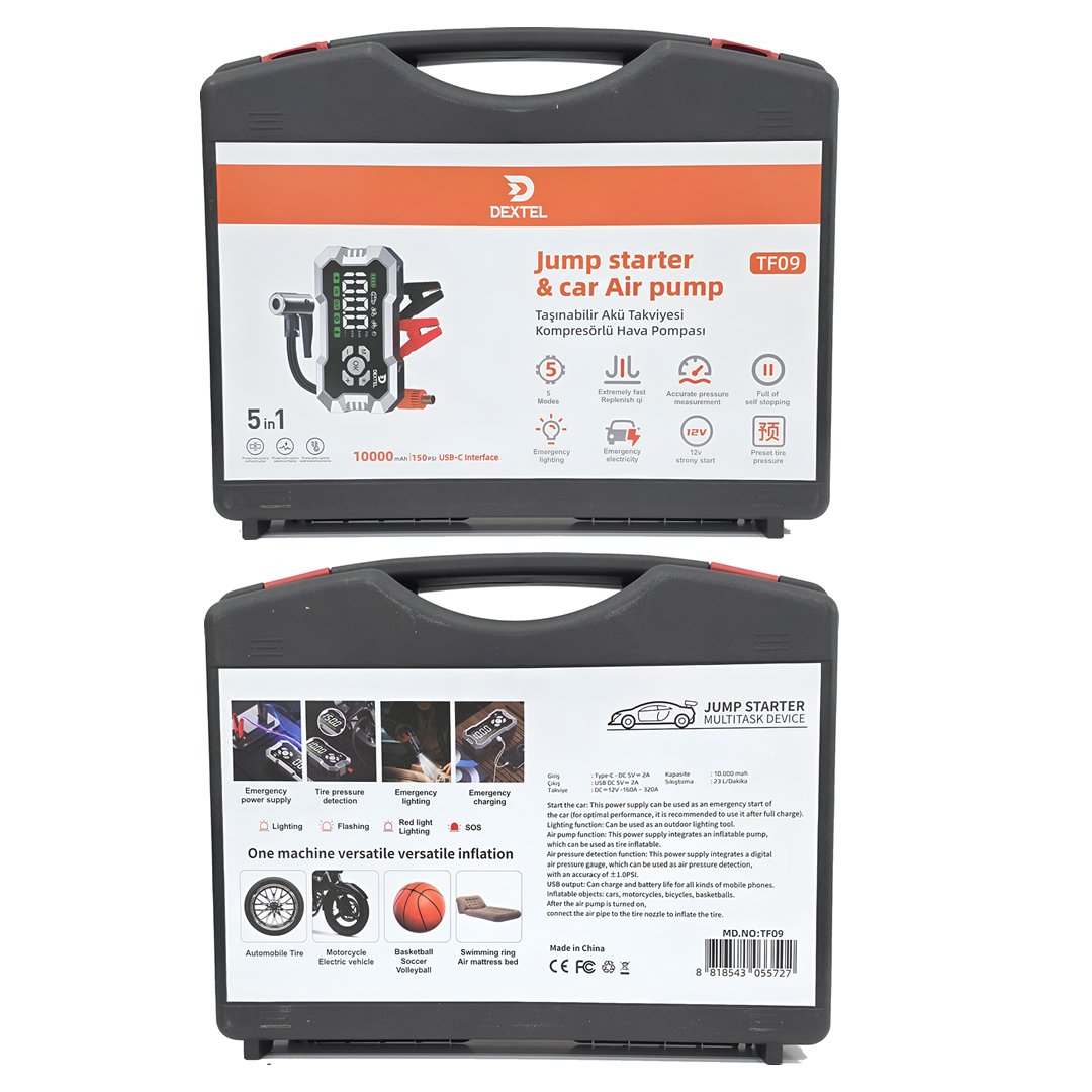 Dextel TF09 Taşınabilir Kablosuz Hava Kompresörü ve Akü Takviye Cihazı Seti paket içeriği