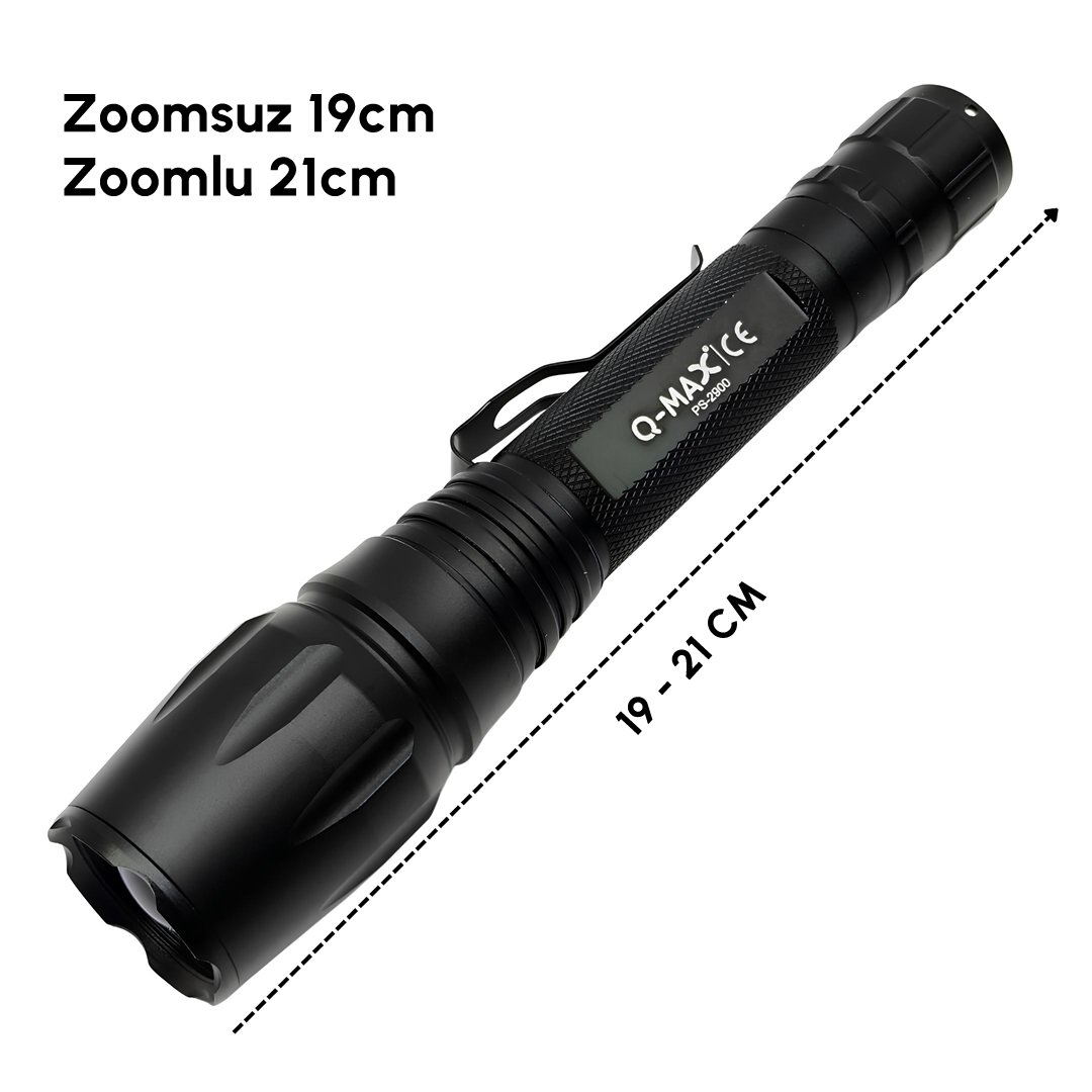 Farissu Q-MAX PS2900 3000 Lümen Şarjlı El Feneri Tüfek Aparatlı Zoomlu Profesyonel Avcı Feneri Ölçüleri