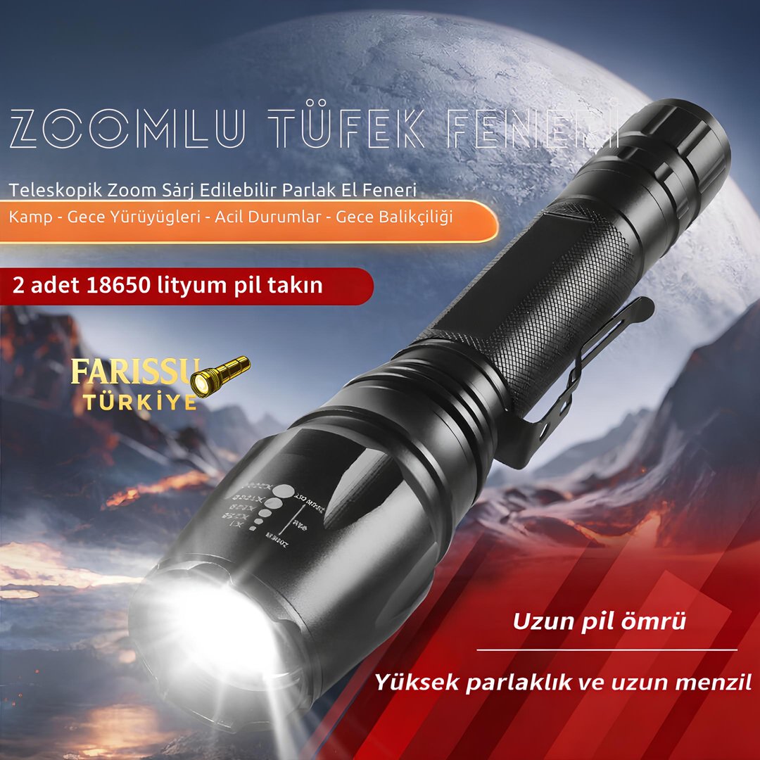 Farissu Q-MAX PS2900 3000 Lümen Şarjlı El Feneri Tüfek Aparatlı Zoomlu Profesyonel Avcı Feneri özellikleri