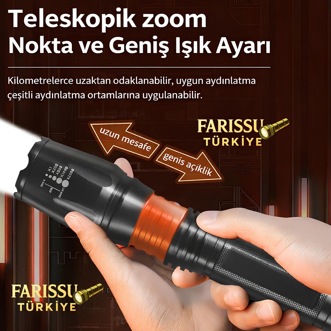 Farissu Q-MAX PS2900 3000 Lümen Şarjlı El Feneri Tüfek Aparatlı Zoomlu Profesyonel Avcı Feneri teknik özellikler
