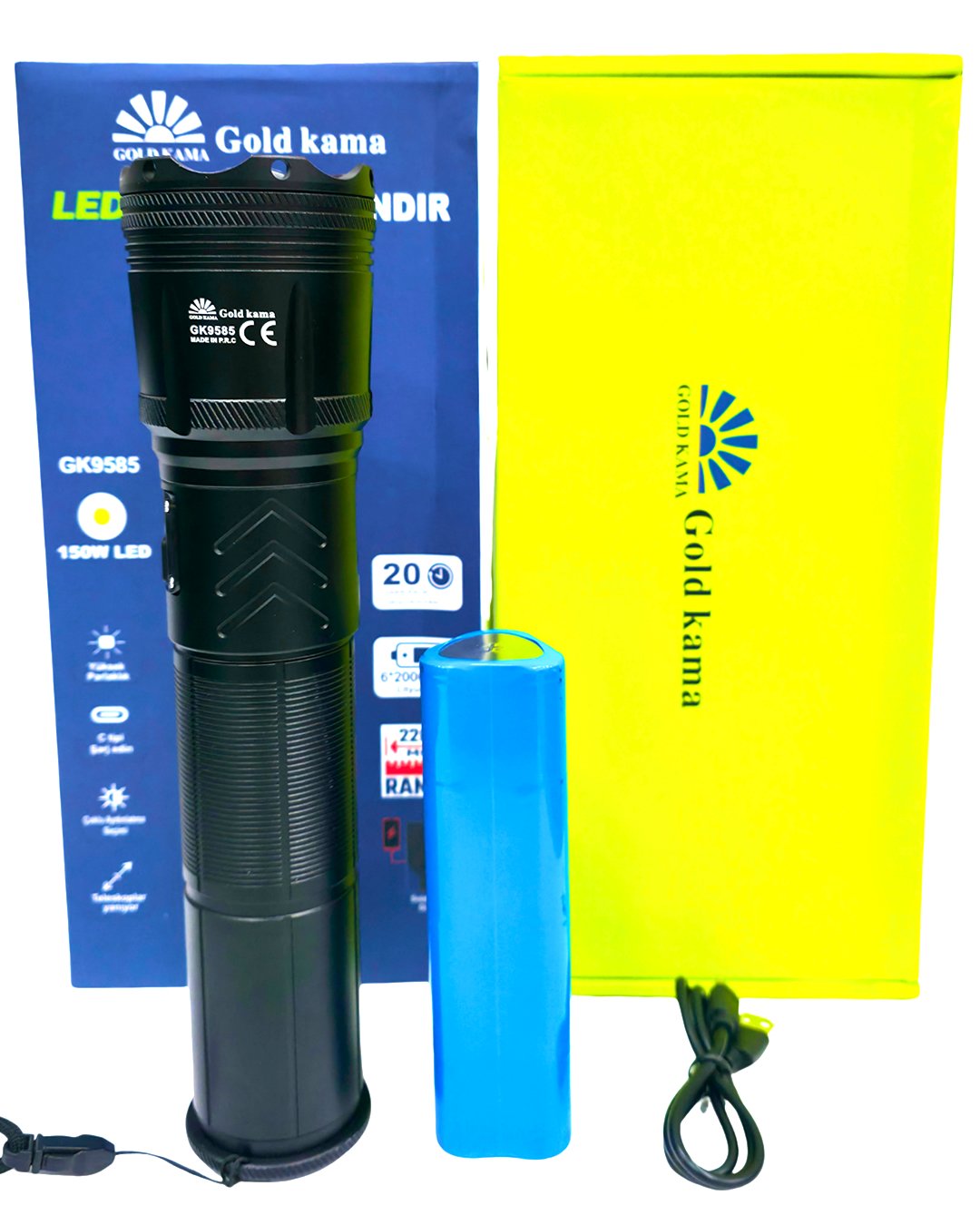 Gold Kama GK9585 150W Şarjlı Lazer LED El Feneri 15000 Lümen 12000 mAh Powerbank Zoomlu Profesyonel Fener model ve fiyatlar