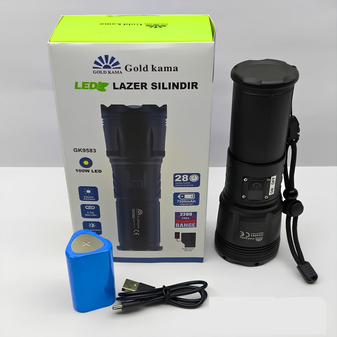GoldKama GK9583 100W Lazer LED El Feneri - 2200 Metre Menzil, 7200mAh Powerbank Özellikli, Dijital Göstergeli ve 5 Modlu Profesyonel Fener