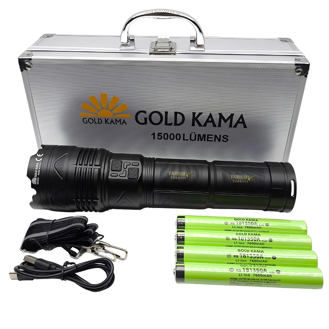 Gold Kama GK500 15000 Lümen Şarjlı Avcı El Feneri 30400 mAh Ultra Güçlü Zoomlu Profesyonel Fener Seti model ve fiyatlar