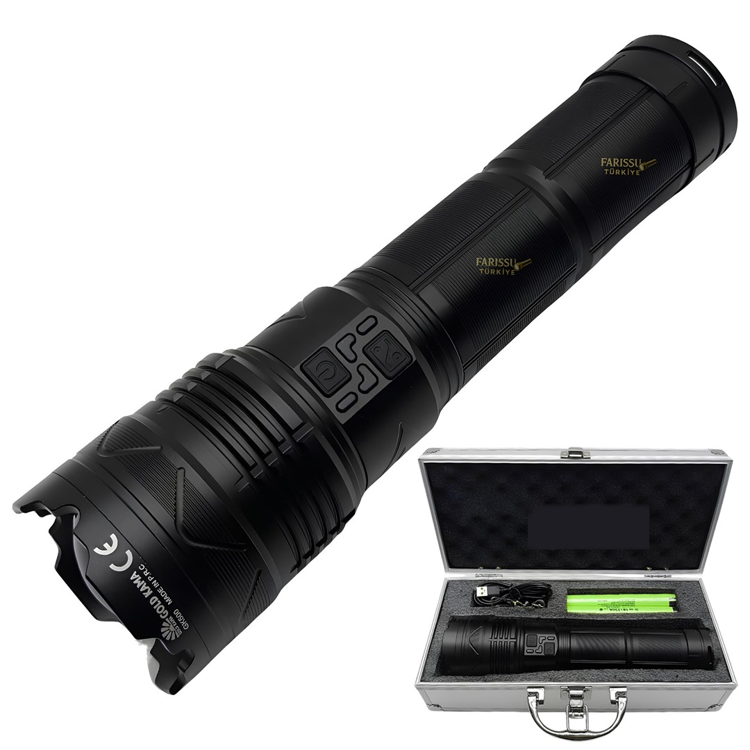 Gold Kama GK500 Profesyonel 15000 Lümen Şarjlı Avcı El Feneri 30400 mAh Ultra Güçlü Zoomlu Profesyonel Fener Seti