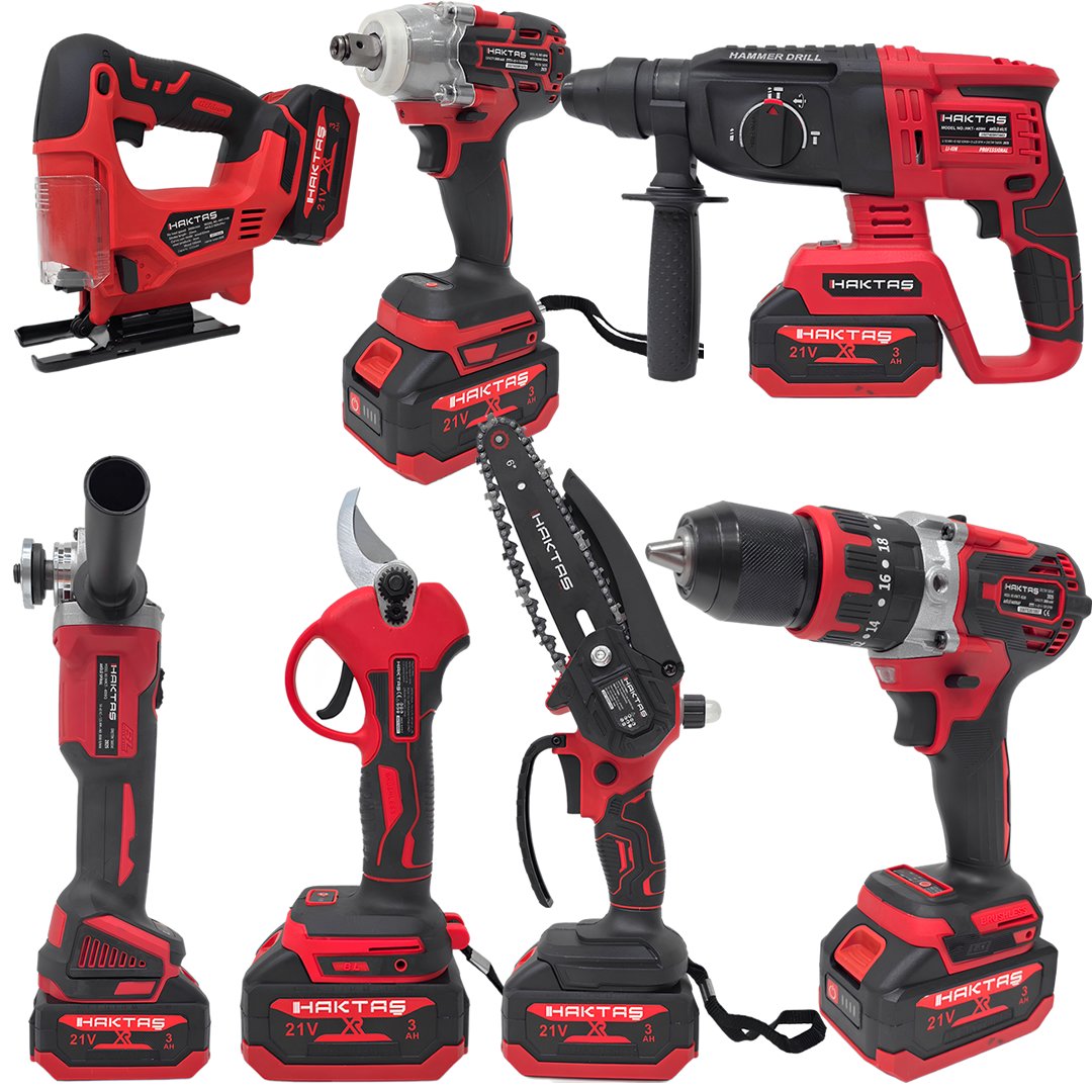 Haktaş HKT1015 Yeni Nesil Kırmızı 7li Şarjlı Vidalama Matkap Seti 21V 3ah (Kırıcı Delici, Somun Sıkma, Vidalama, Dal Budama Makası, Dekupaj, Avuç Taşlama, Dal Testeresi)