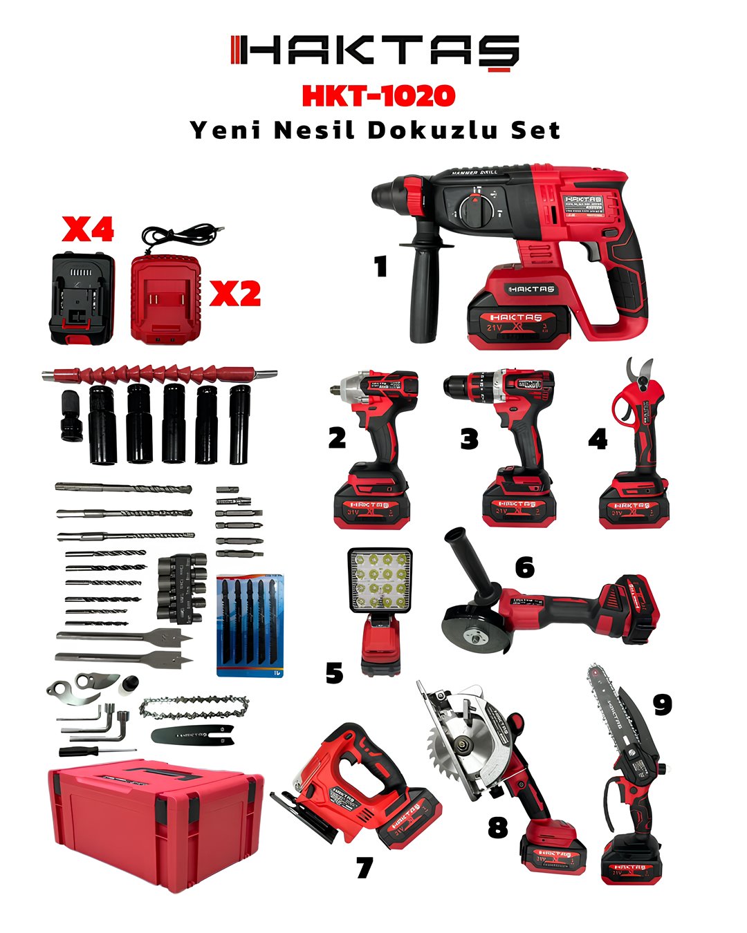 Haktaş HKT1020 Yeni Nesil Kırmızı 9lu Şarjlı Vidalama Matkap Seti 21V 3ah model ve fiyatlar