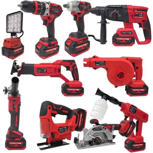 Haktaş HKT1025 Yeni Nesil Kırmızı 10 lu Kömürsüz Akülü Makine Seti 21V 3ah (Kırıcı Delici, Somun Sıkma, Vidalama, Led Işık, Avuç Taşlama, Dekupaj, Hava Üfleme, Araç Yıkama, Tilki Kuyruğu Testere,Sunda Kesme)