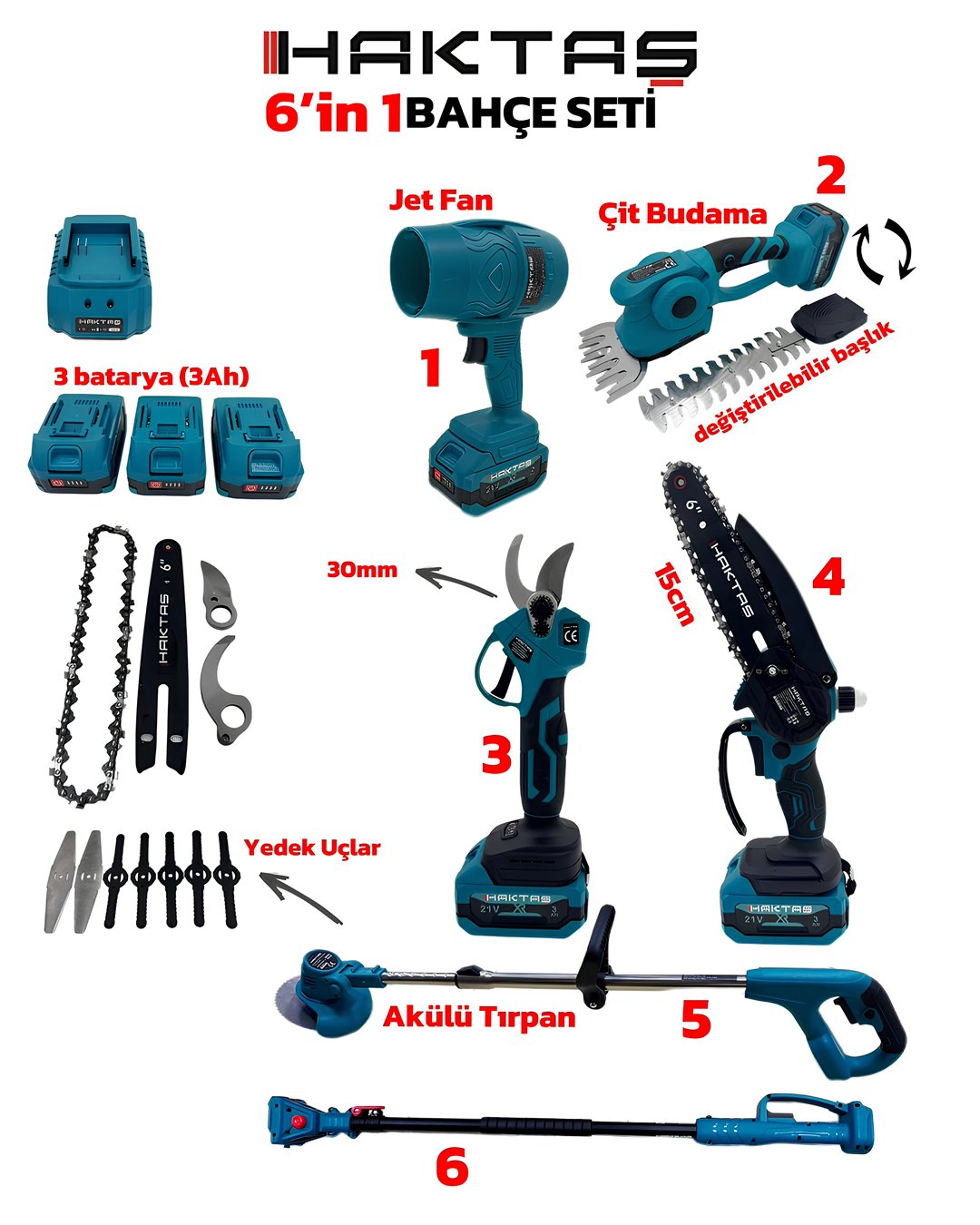 Haktaş HKT1230 6 ürün 1 Arada Akülü Bahçe Bakım Seti 21V 3Ah model ve fiyatlar