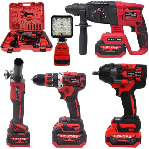 Haktaş HKT507 Yeni Nesil Kırmızı Işıklı 5li Kömürsüz Akülü Makine Seti 21V 3ah (Kırıcı Delici Matkap, 800Nm Somun Sıkma, Vidalama, Led Işık, Avuç Taşlama)