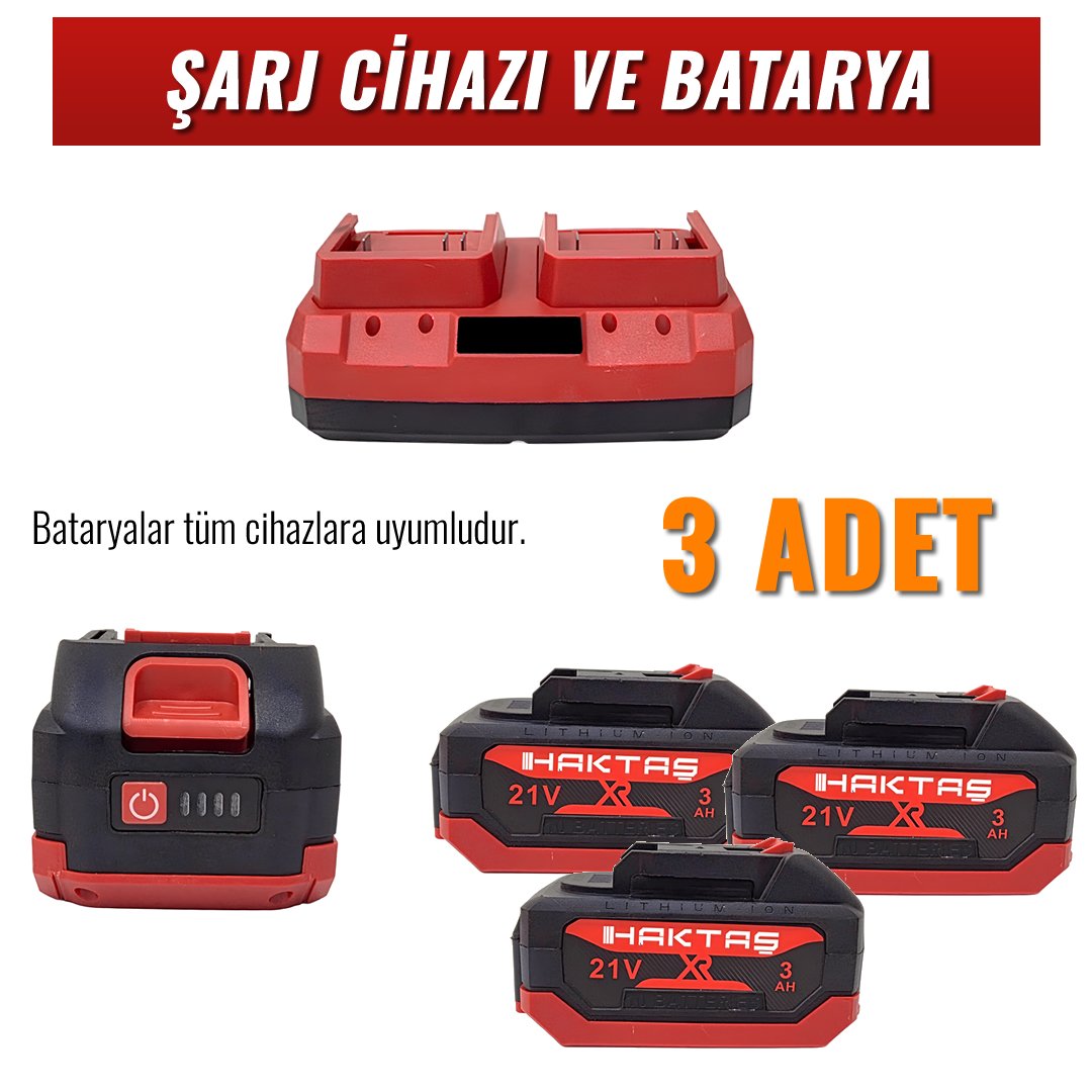 Haktaş HKT507 Yeni Nesil Kırmızı Işıklı 5li Kömürsüz Akülü Makine Seti parçalar