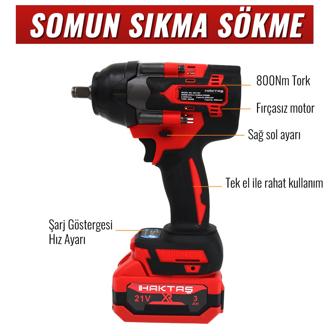 Haktaş HKT507 Yeni Nesil Kırmızı Işıklı 5li Kömürsüz Akülü Makine Seti somun sökme özellikleri