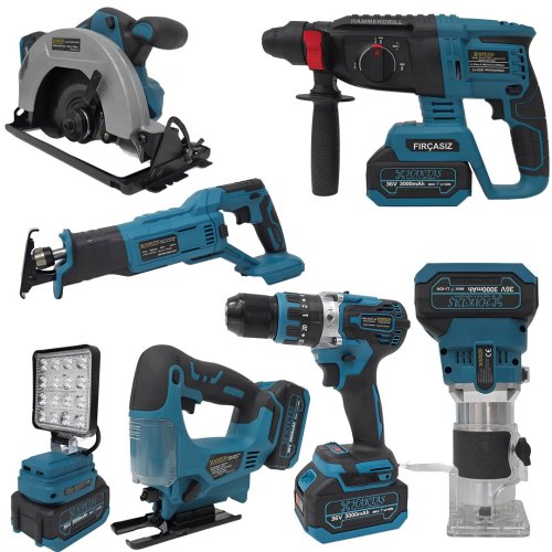 Haktaş HKT747 Yeni Nesil Mavi 7li Şarjlı Set 36V 3ah (Kırıcı Delici, Vidalama, Dekupaj, Daire Testere, Freze, Led Işık)