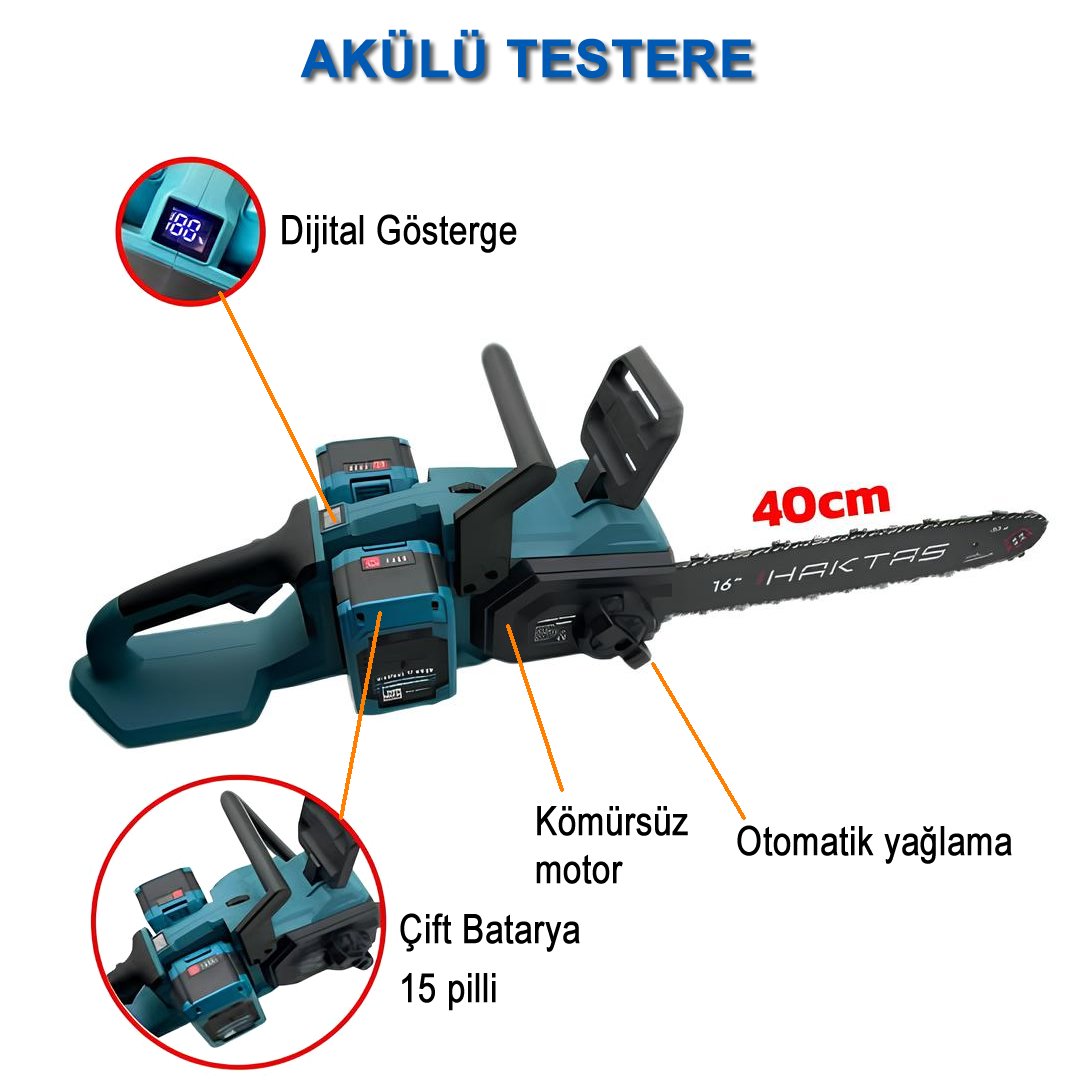 Haktaş  SC5816 Profesyonel Kömürsüz Akülü 42V 4.5Ah Çift Akü Şarjlı Zincirli Testere Kesim Motoru model ve fiyatları