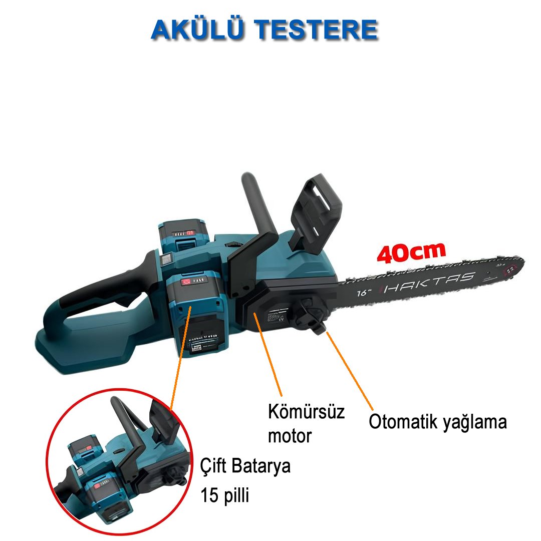 Haktaş  SC5816 Profesyonel Kömürsüz Akülü 42V 4.5Ah Çift Akü Şarjlı Zincirli Testere Kesim Motoru model ve fiyatları