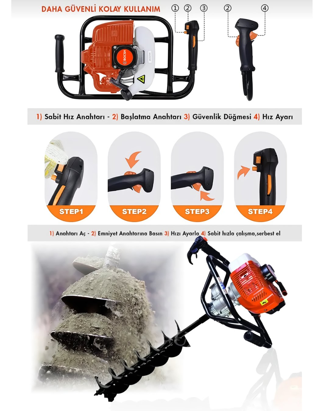 Haktaş TMDB620-3 Benzinli Toprak Burgu Makinesi 72cc Çap 20 cm kullanımı