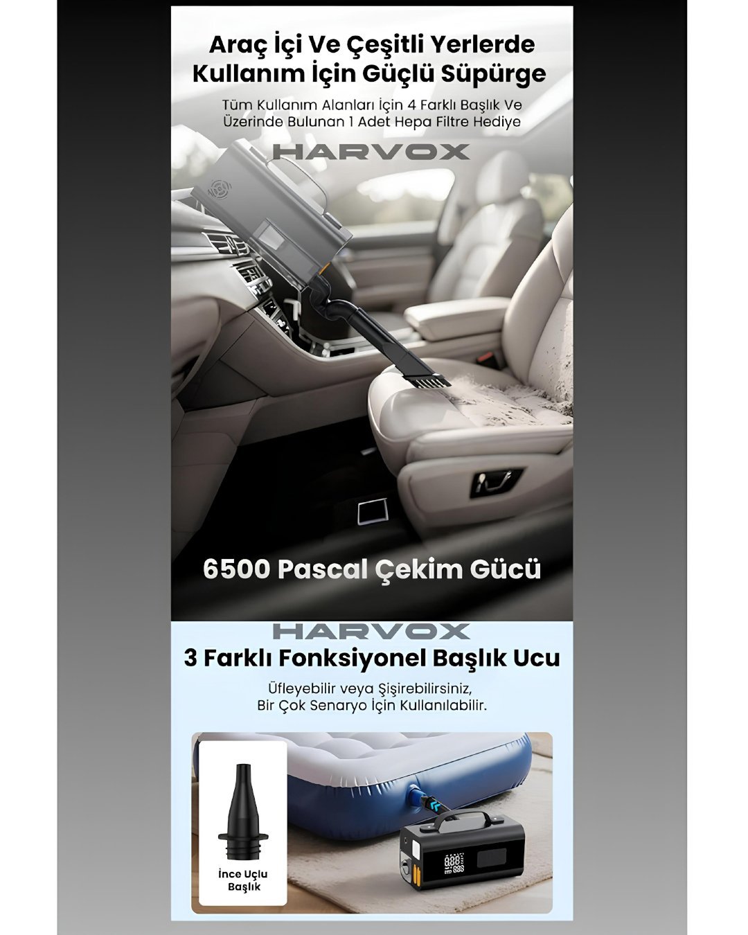 Harvox  HV001 Jump Starter Süpürgeli Akü Takviye Cihazı 10 in 1 | 12000mAh Kompresörlü Powerbank özellikler