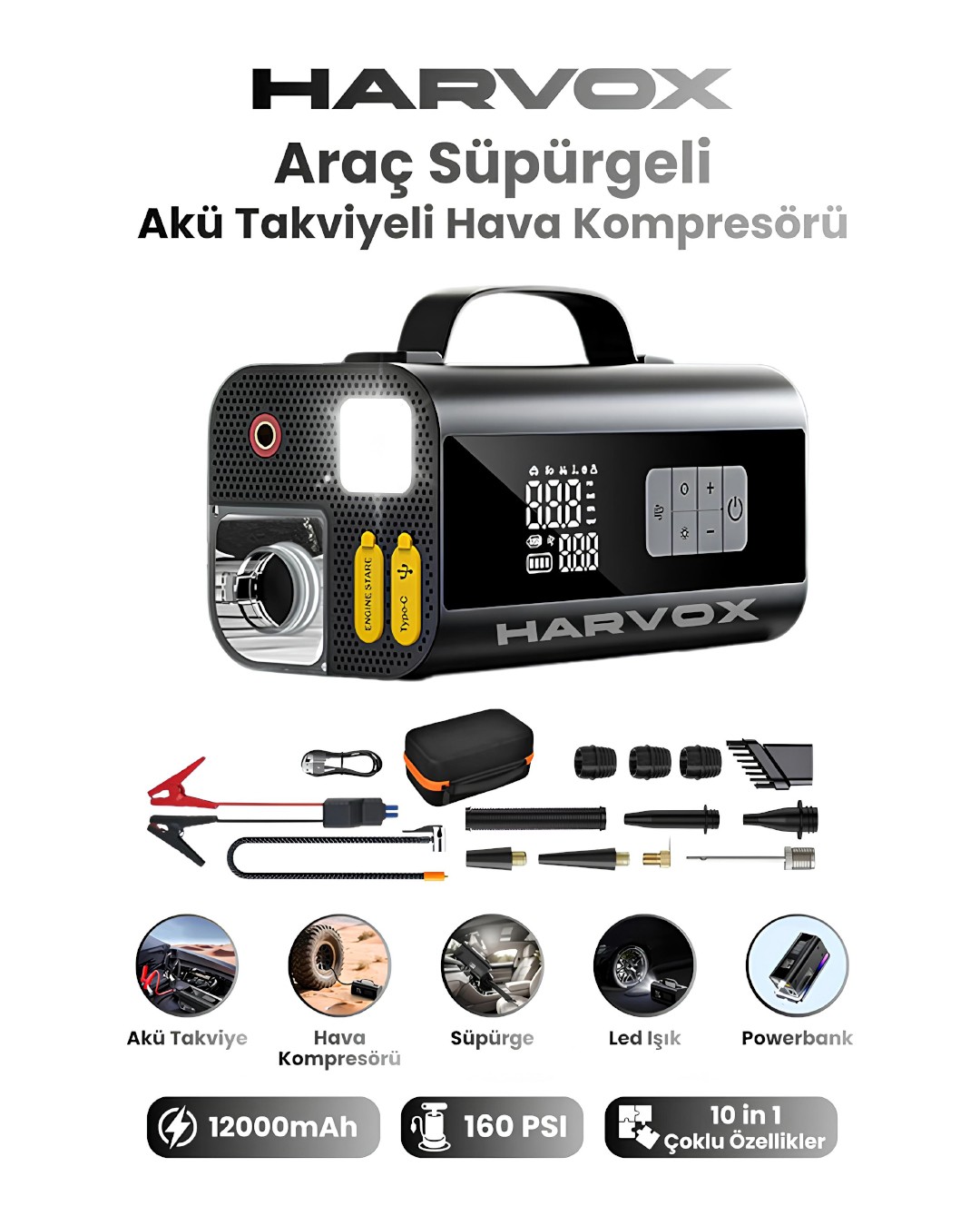 Harvox  HV001 Jump Starter Süpürgeli Akü Takviye Cihazı 10 in 1 | 12000mAh Kompresörlü Powerbank