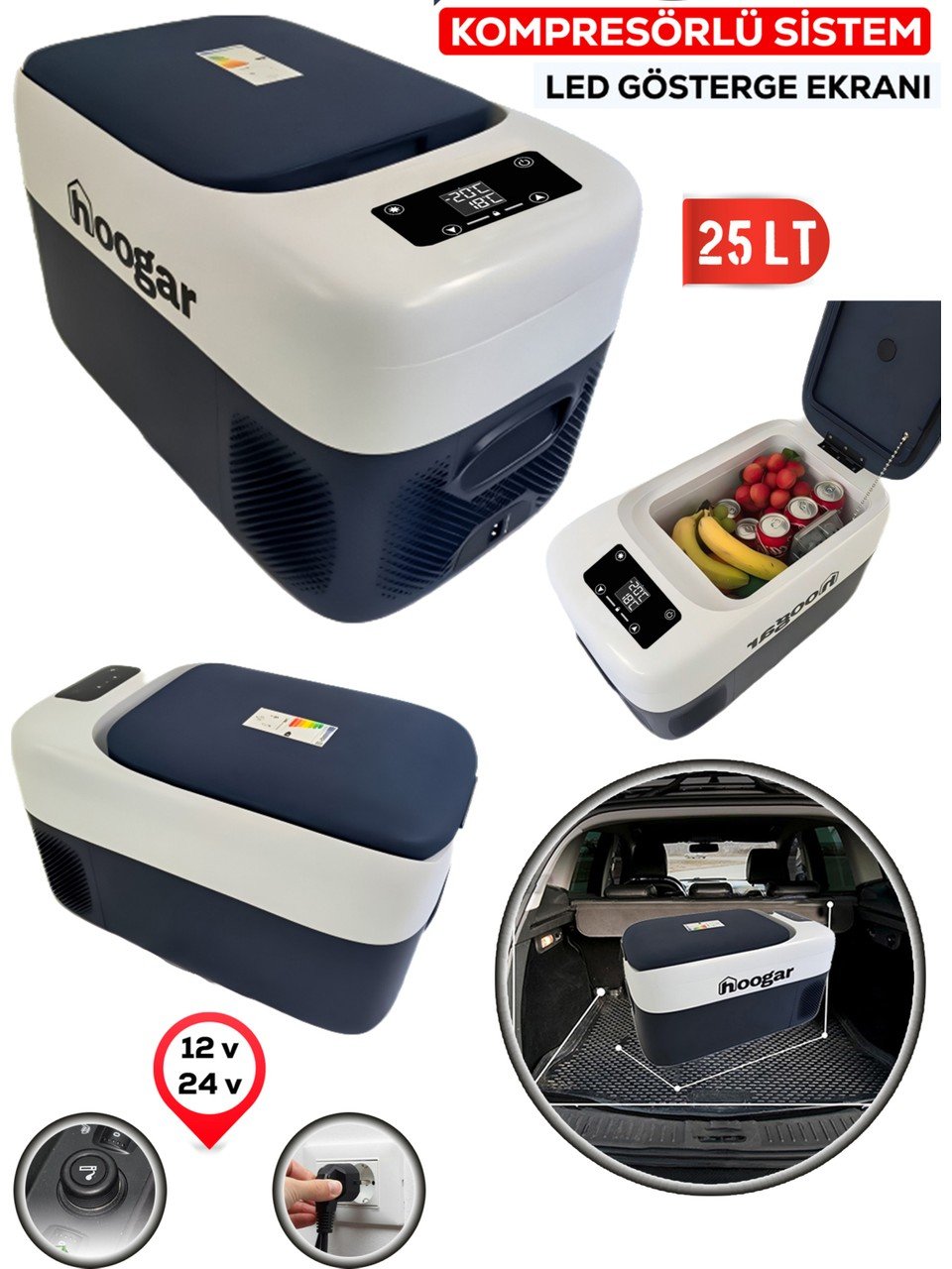Hooger EEA457 Led Ekran 21-25 Lt Oto Karavan Tekne Tır Buzdolabı 12-24v -20 Derece Hızlı Soğutma özellikleri
