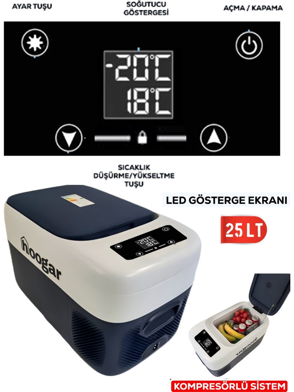 Hooger EEA457 Led Ekran 21-25 Lt Oto Karavan Tekne Tır Buzdolabı 12-24v -20 Derece Hızlı Soğutma kullanım