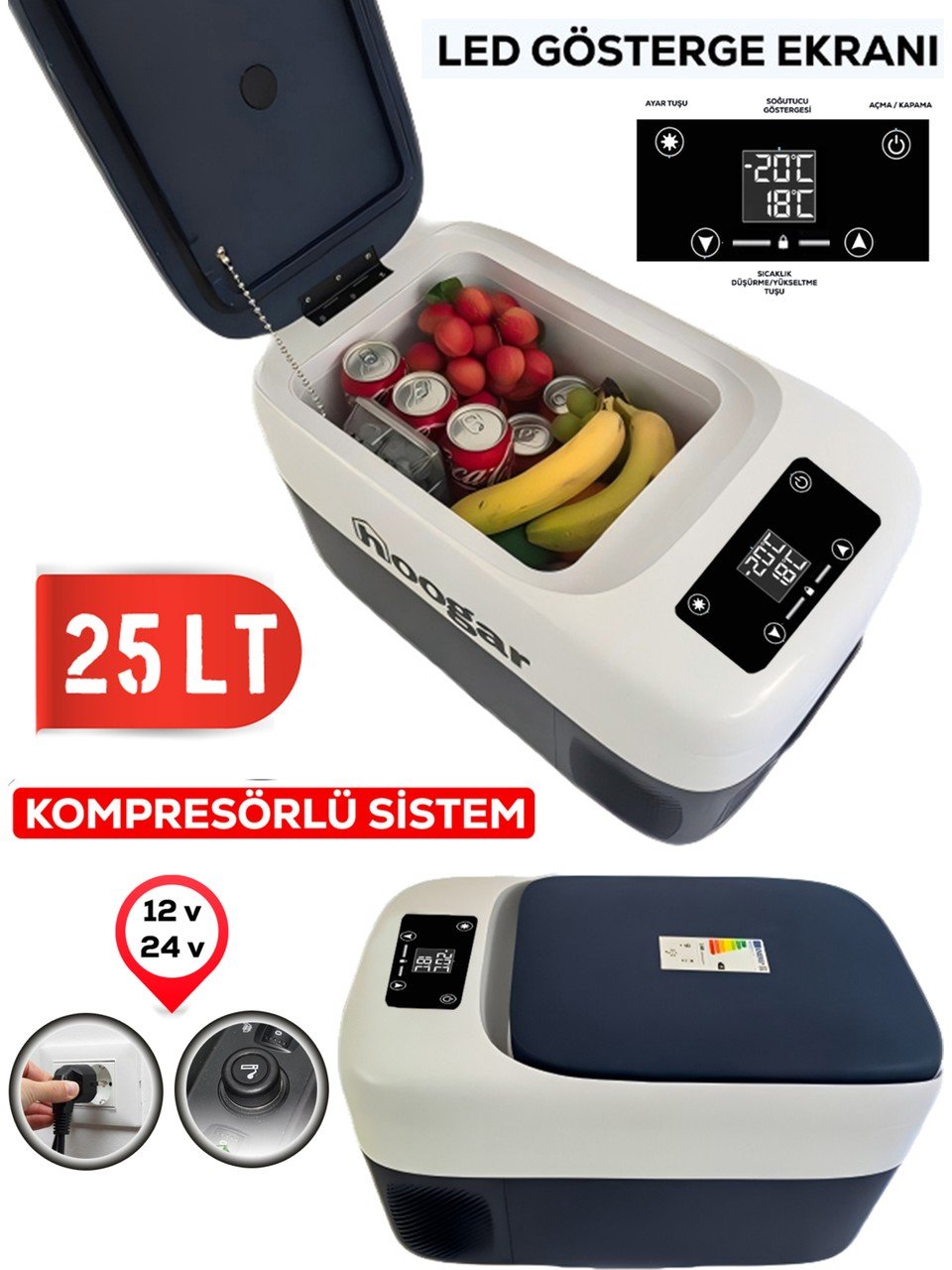 Hooger EEA457 Led Ekran 21-25 Lt Oto Karavan Tekne Tır Buzdolabı 12-24v -20 Derece Hızlı Soğutma indirim