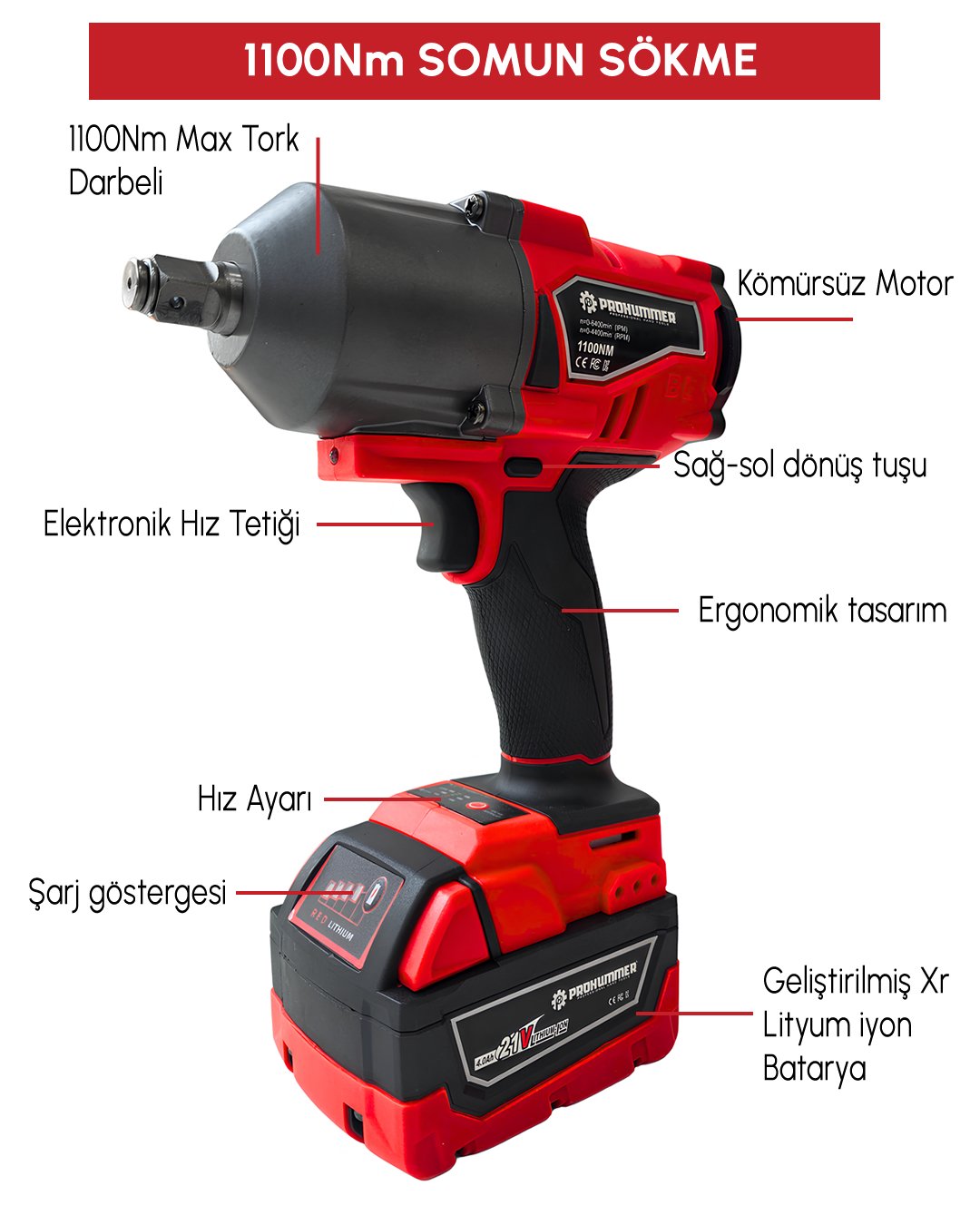Prohummer PH333 Profesyonel Yeni Kırmızı 21v 4ah 5li Matkap Seti 1100 newtoon somun sökme özellikleri