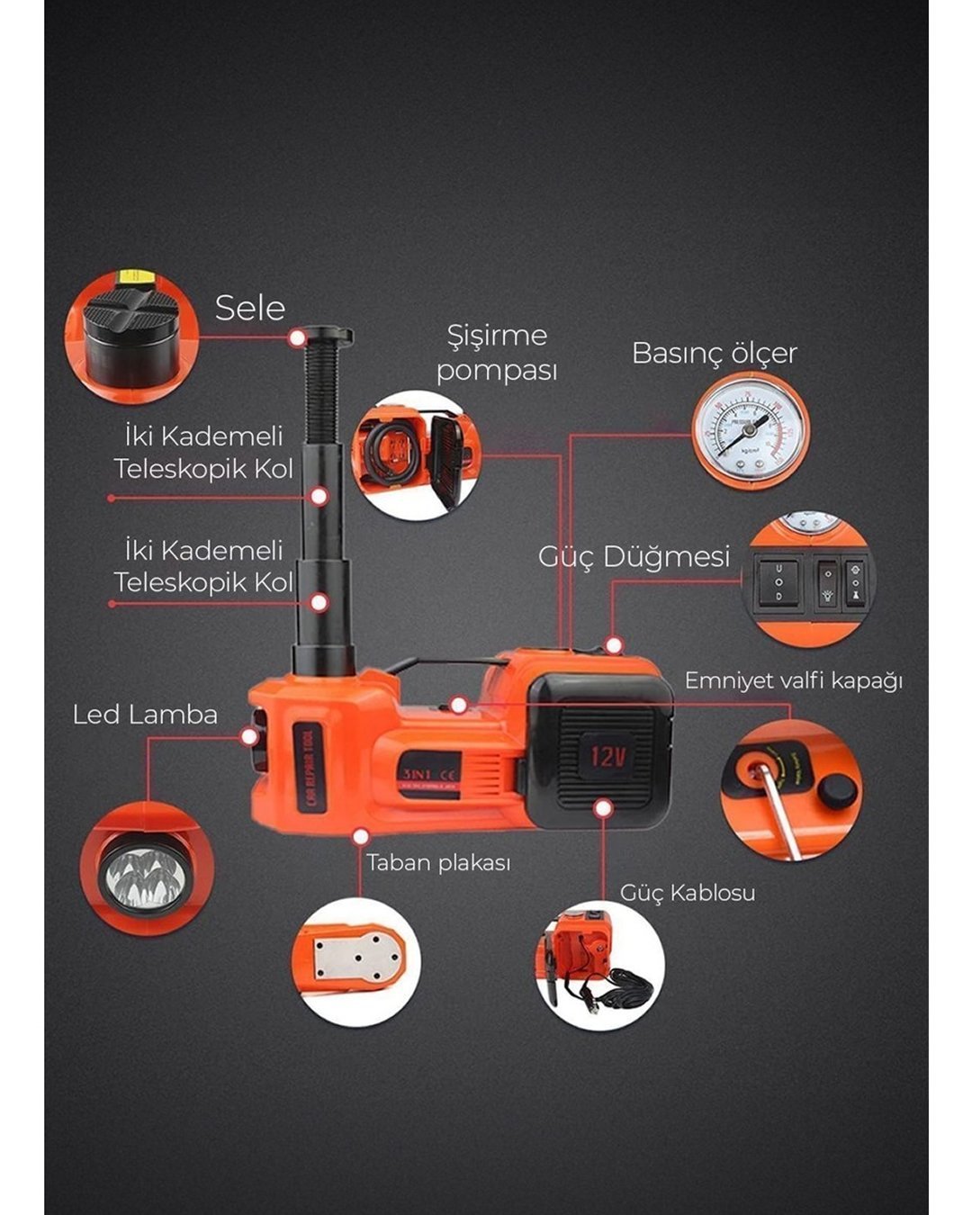 Rubikom EEA354 Elektrikli 5 Ton Hidrolik Kriko Hava Pompası Bijon Anahtarı Makine Krikosu detaylar