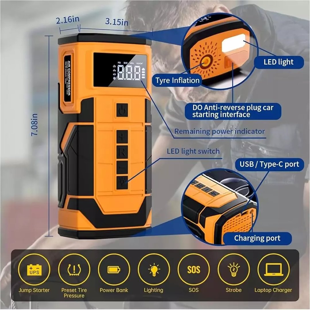 Venandin AIRGON ACARG001 Kablosuz Hava Kompresörü ve Akü Takviye Cihazı Kiti 8ah hava pompası